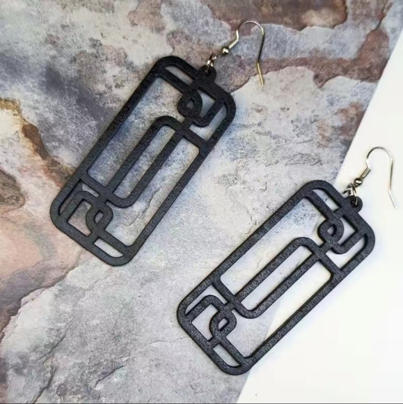 Black Geometric Wooden Dangle Earrings Bohemian Ethnic Style - Picture 1 of 5